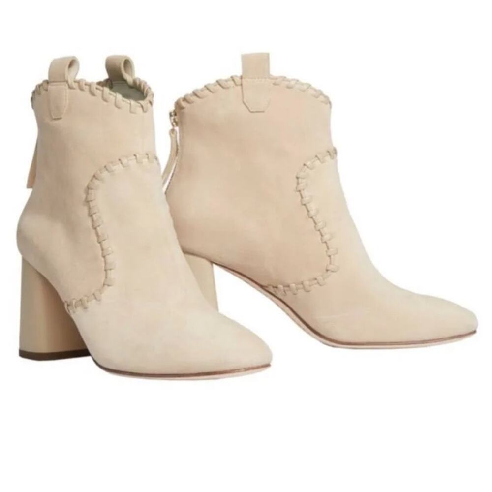 Alice and Olivia Myra booties western suede block heel tan beige neutral fall